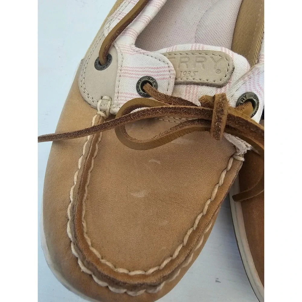 Sperry Boat Shoes Womens 9.5 Tan Pink Striped Leather Nautical STS88624